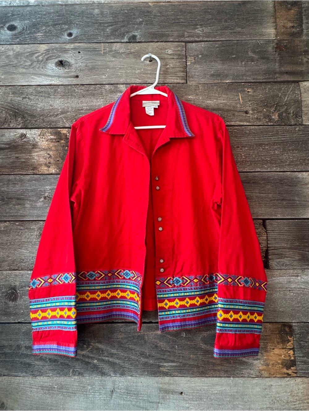 Coldwater Creek Red Jacket with Colorful Embroidered Border size medium